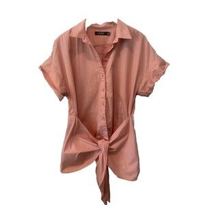 LAUREN RALPH Black Label 100% Cotton Button Up Tie Waist Blouse pink Sz XL